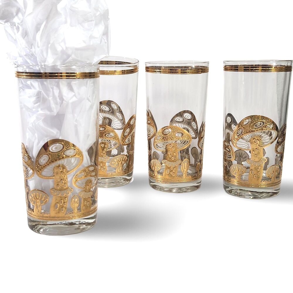 Set of 4 Culver Mushroom Highball Glasses - 22K Gold Tumbler Signed MCM Barware